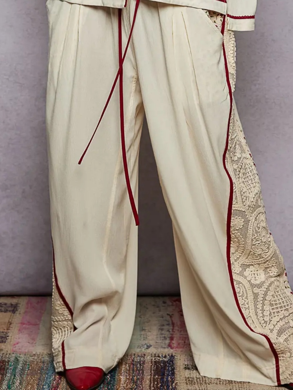 Floral Point Crochet Patch Elastic Band Wide Pants Sale Red Trim. S, M and L